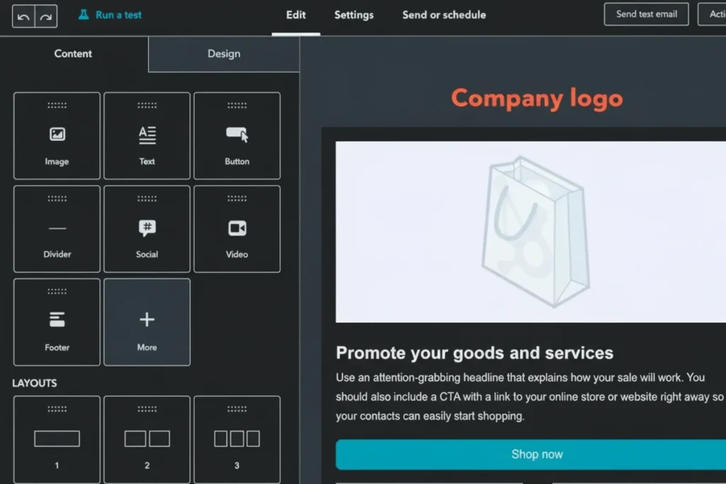 An email marketing tool interface showing design options for creating email campaigns, relevant to "10 Best Email Marketing Tools for Financial Service Businesses in 2025".