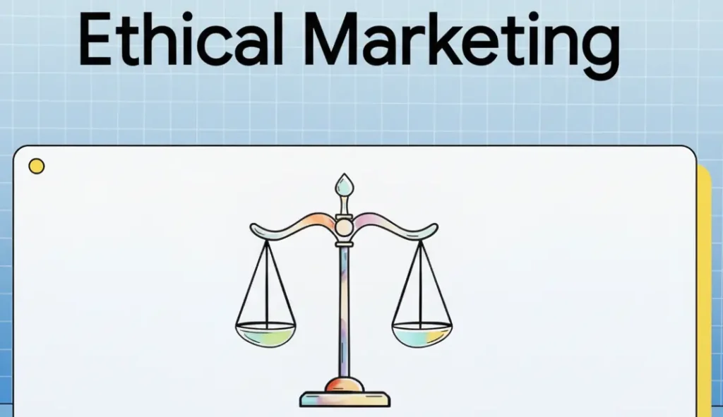 A colorful illustration of a balanced scale, symbolizing fairness and integrity, under the title "Ethical Marketing," representing the balance required for trust.