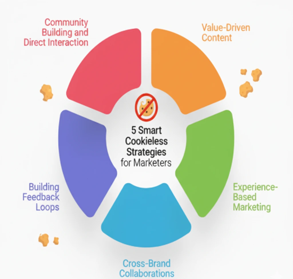 Infographic showing "5 Smart Cookieless Strategies for Marketers And How to Prepare for a Cookieless Marketing Future": Community Building and Direct Interaction, Value-Driven Content, Experience-Based Marketing, Cross-Brand Collaborations, and Building Feedback Loops. A "no cookies" symbol is in the center.