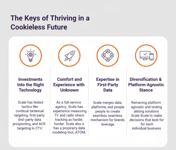 Infographic titled "The Keys of Thriving in a Cookieless Future And How to Prepare for a Cookieless Marketing Future," outlining four key strategies: Investments Into the Right Technology, Comfort and Experience with Unknown, Expertise in First-Party Data, and Diversification & Platform-Agnostic Stance.