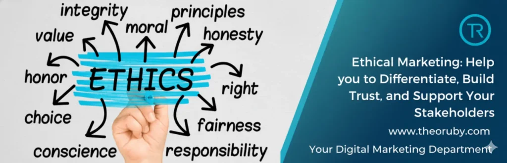 A hand pointing to the word "ETHICS" surrounded by related terms like integrity, honesty, and responsibility, next to a blue banner with text "Ethical Marketing: Help you to Differentiate, Build Trust, and Support Your Stakeholders."