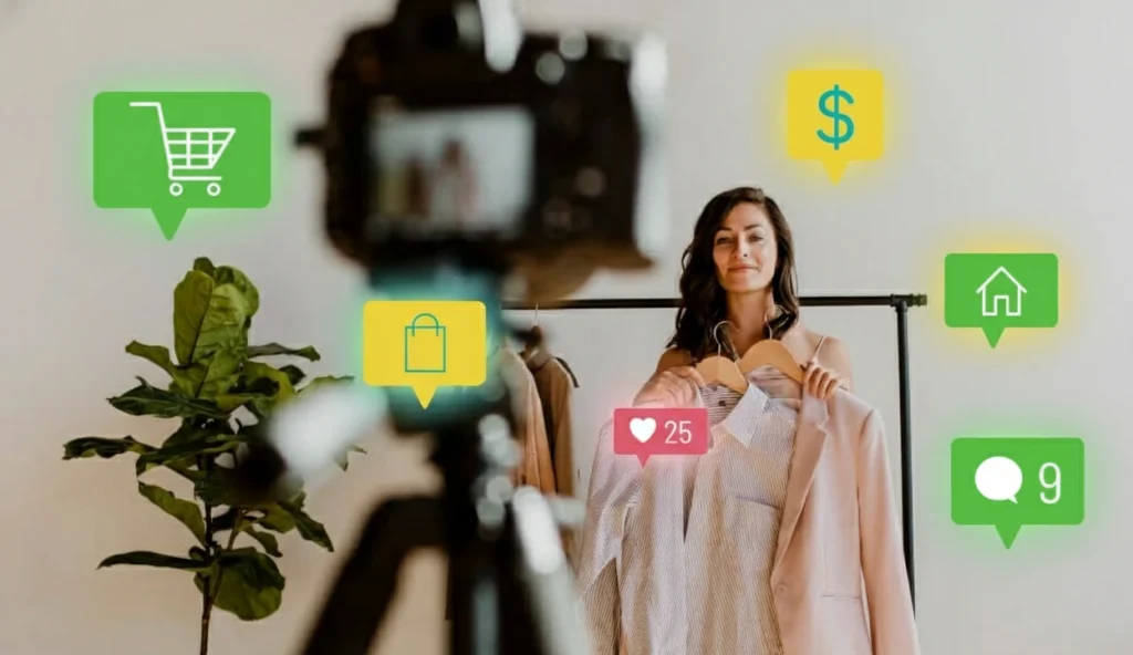 A female influencer recording a video about fashion and shopping, with social commerce icons like a shopping cart, dollar sign, and likes floating around, demonstrating tips to boost online sales.