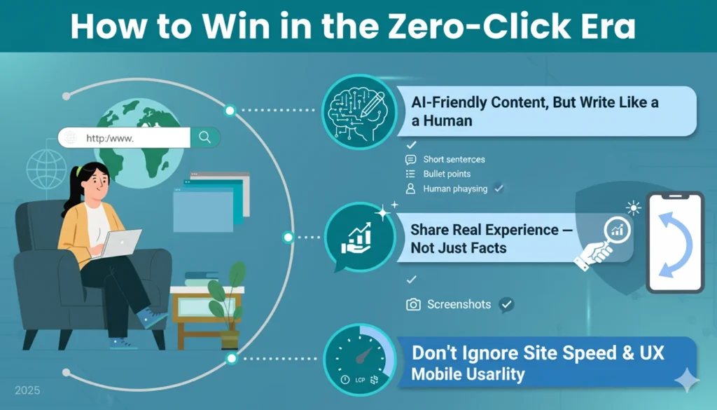 Infographic "Zero-Click Searches" showing a person searching online, with strategies: AI-Friendly Content, Share Real Experience, and Don't Ignore Site Speed & UX.