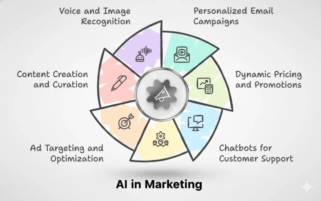 AI in Marketing wheel showing applications like personalized emails, ad targeting, chatbots, predictive scoring, dynamic pricing, content creation, and voice/image recognition.