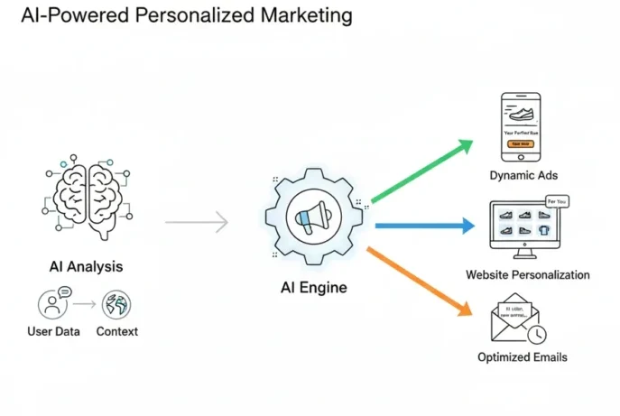 Infographic illustrating AI-powered real-time marketing execution: AI analyzes user data to drive dynamic ads, website personalization, and optimized email campaigns.