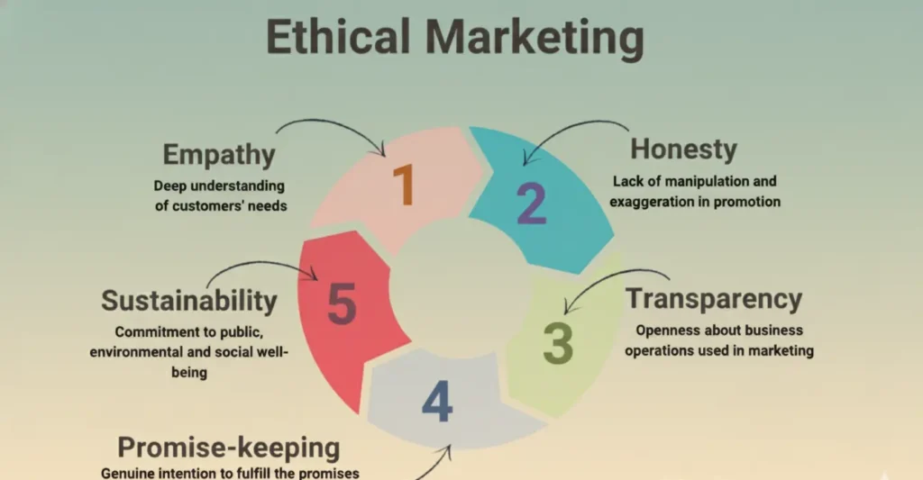A circular diagram outlining five key principles of Ethical Marketing: Empathy, Honesty, Transparency, Promise-keeping, and Sustainability, with a focus on building trust.