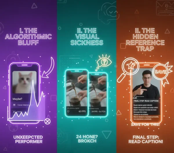 A three-panel infographic illustrating Instagram Reels strategies: "The Algorithmic Bluff" (unexpected performance), "The Visual Sickness" (frame rate glitch), and "The Hidden Reference Trap" (save for caption).
