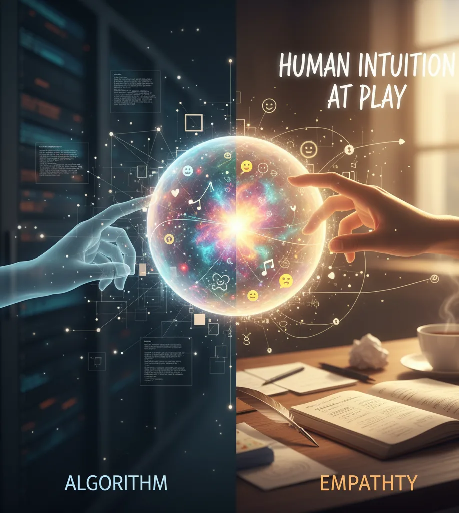 A visual split comparing cold AI Algorithm (left) and Human Intuition/Empathy (right), framing the debate: Is Copywriting Still in Demand After ChatGPT.