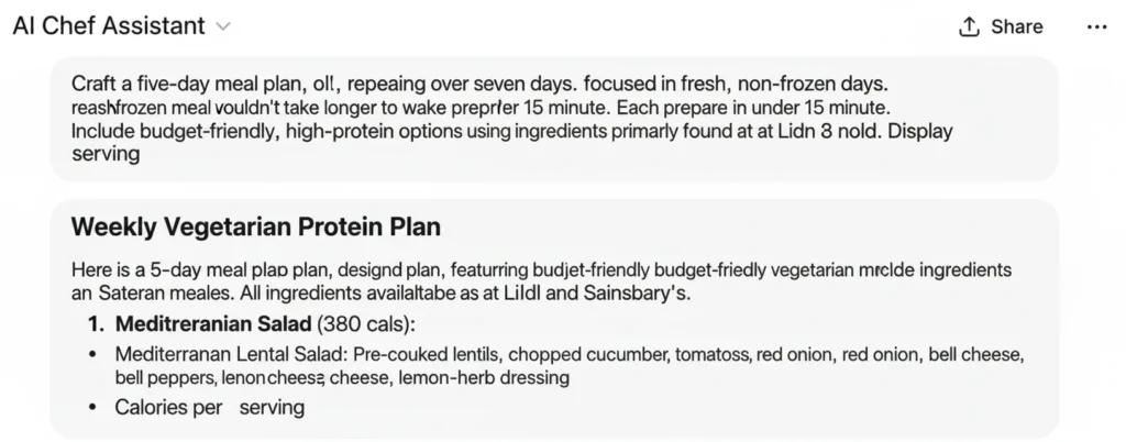 Brands That Brilliantly Differentiated - An "AI Chef Assistant" generating a "Weekly Vegetarian Protein Plan" with a Mediterranean Salad recipe, demonstrating personalized content creation.