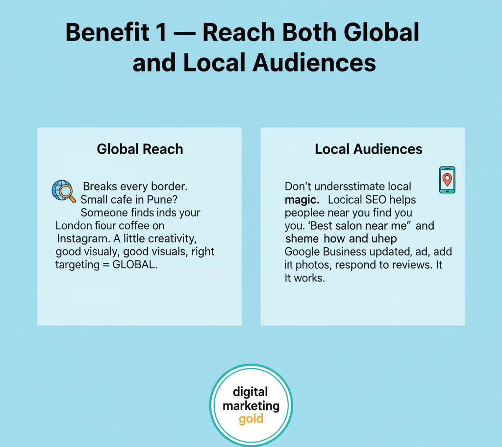Infographic detailing Benefit 1 of digital marketing: Reach Both Global and Local Audiences. It highlights "Global Reach" through digital channels and "Local Audiences" via local SEO, emphasizing the global and local reach of 5 benefits of digital marketing.