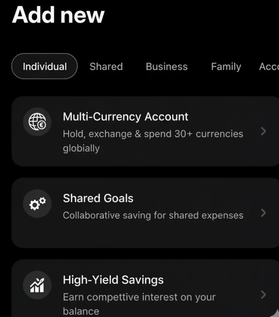 Brands That Brilliantly Differentiated - A financial app interface displaying options to "Add new" accounts, including Multi-Currency, Shared Goals, and High-Yield Savings.
