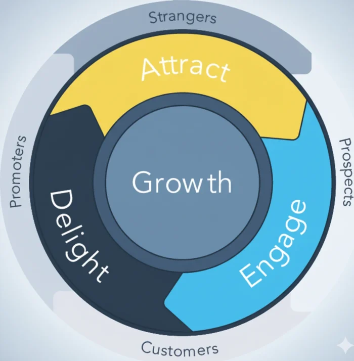 Loop Marketing vs Inbound Marketing: How They Work Together - A diagram illustrating the Inbound Marketing flywheel with stages like Attract, Engage, and Delight, leading to Growth.