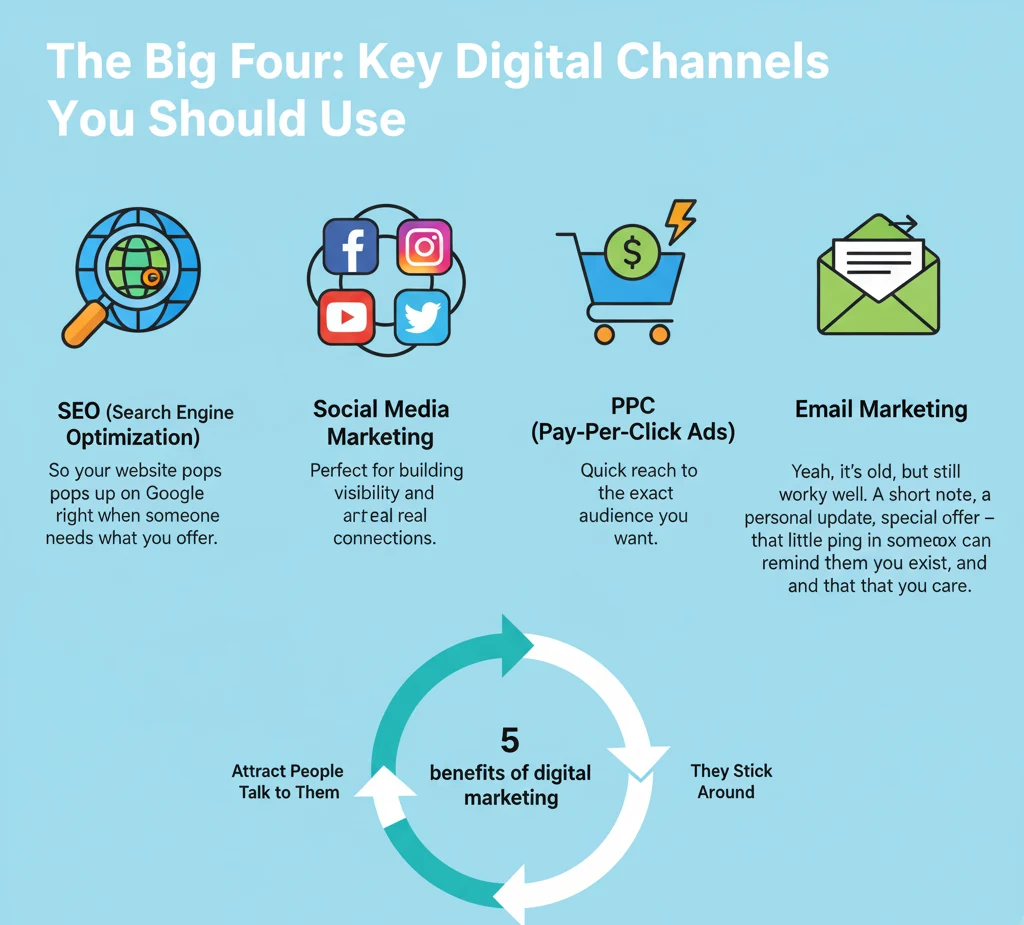 Infographic titled "The Big Four: Key Digital Channels You Should Use" featuring icons and descriptions for SEO, Social Media Marketing, PPC (Pay-Per-Click Ads), and Email Marketing, all contributing to the 5 benefits of digital marketing through a continuous cycle of attracting, engaging, and retaining customers.