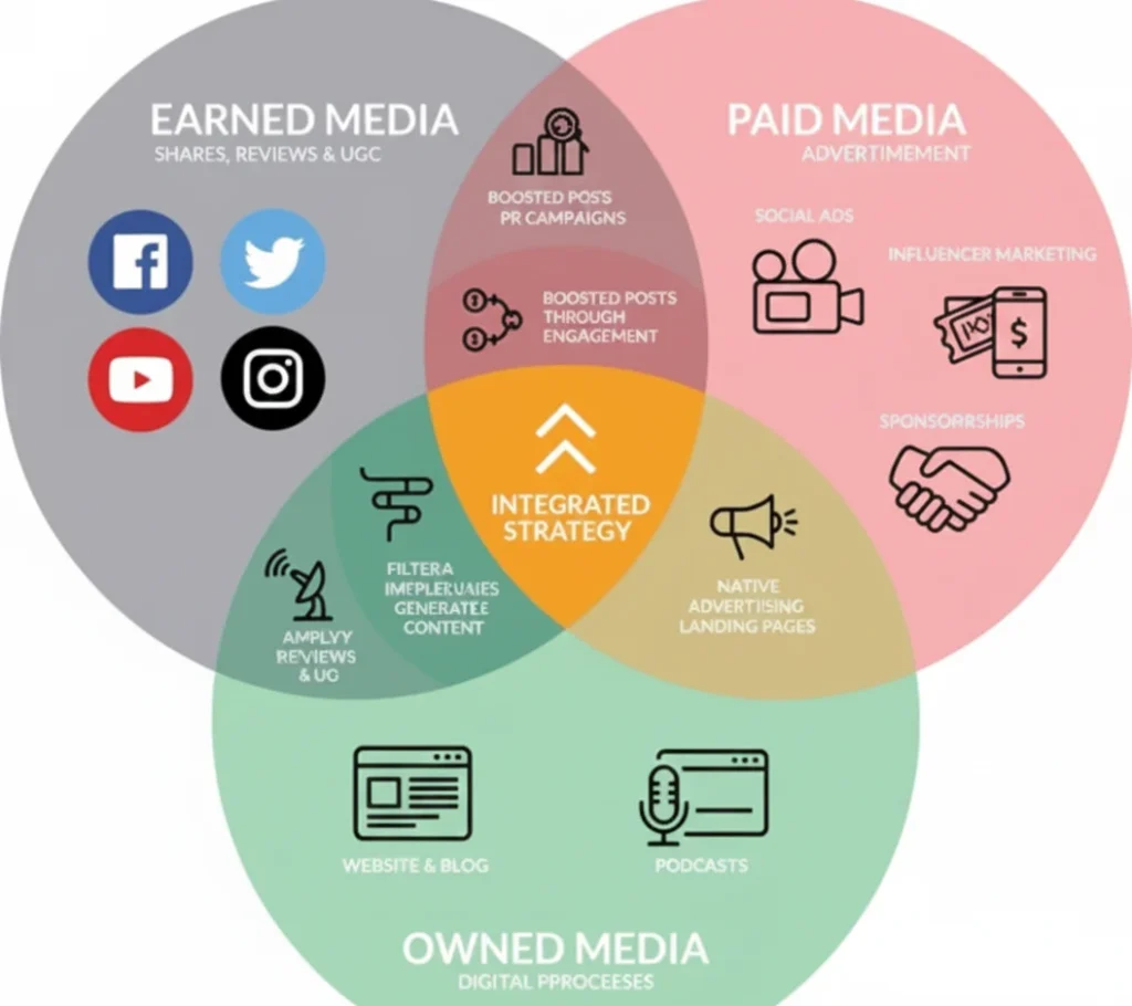 Illustration of two people discussing digital marketing concepts, surrounded by icons for social media, PPC, and a megaphone, focusing on explaining the Different Types of Paid Media in Digital Marketing.