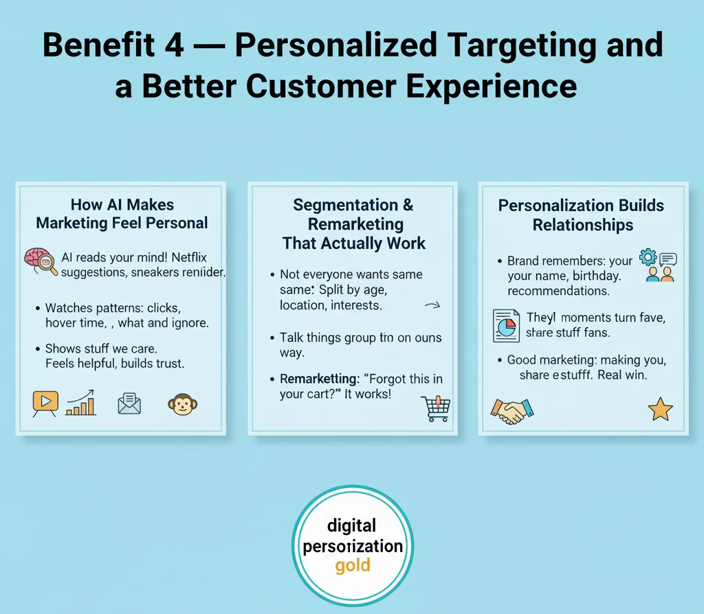 Infographic illustrating Benefit 4 of digital marketing: Personalized Targeting and a Better Customer Experience. Sections cover "How AI Makes Marketing Feel Personal," "Segmentation & Remarketing That Actually Work," and "Personalization Builds Relationships," highlighting digital marketing benefits.