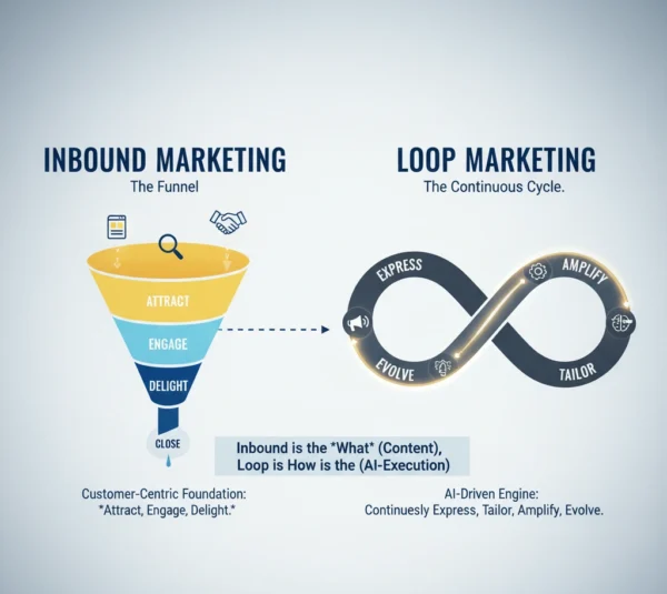Loop Marketing vs Inbound Marketing: How They Work Together - A visual comparison showing Inbound Marketing as a linear funnel (Attract, Engage, Delight) leading to a sale, and Loop Marketing as a continuous infinity cycle (Express, Amplify, Tailor, Evolve).
