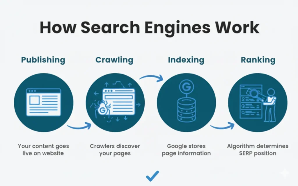 How Google Search Engine Works Step by Step: A sequential infographic detailing the four key stages: Publishing, Crawling, Indexing, and Ranking, with corresponding icons and brief descriptions.