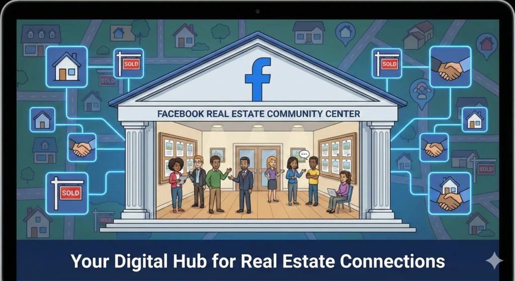 AI-generated illustration of a Facebook real estate community center with business people inside, property icons and handshake icons around it — representing how to promote real estate business on social media by building connections and networking.