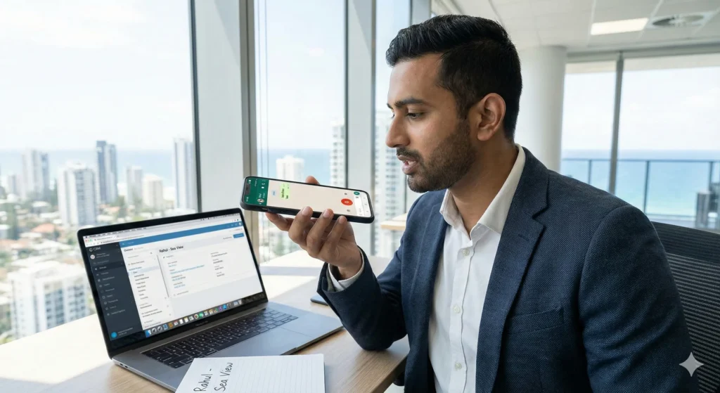 Real estate agent using CRM software and speaking on a smartphone while managing client leads in a high-rise office.