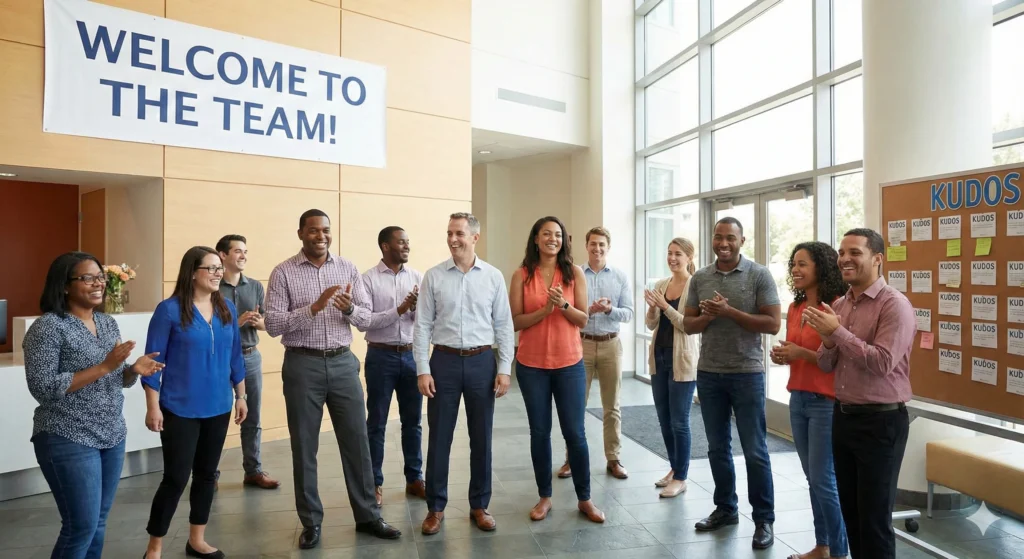 A group of employees gathers in an office lobby, smiling and clapping under a banner that reads “Welcome to the Team.”