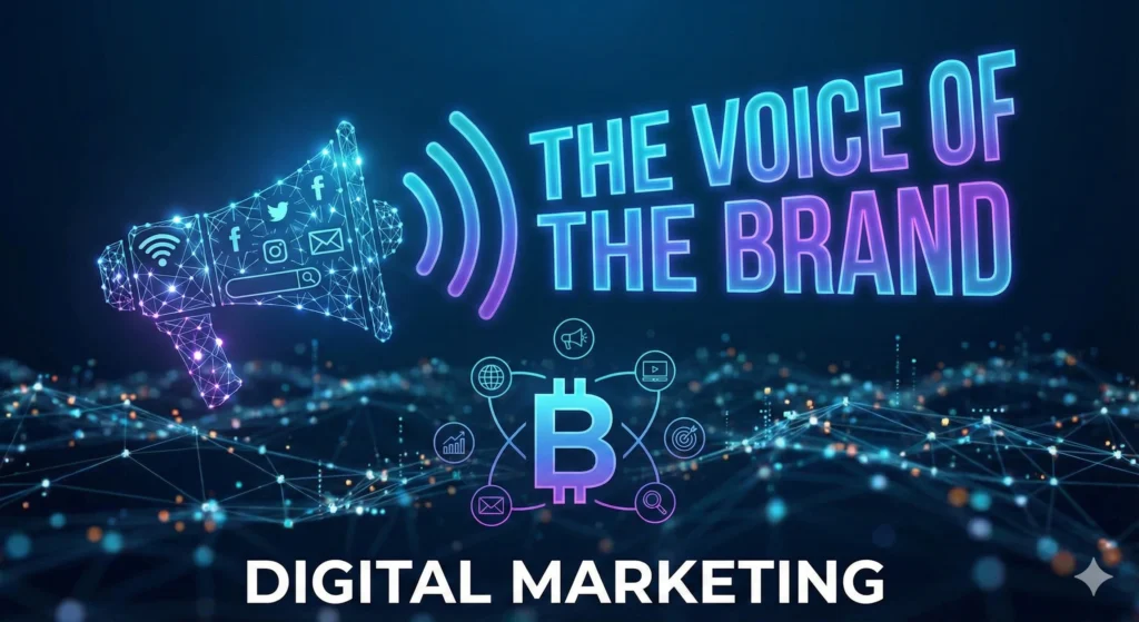 E commerce and digital marketing concept showing brand promotion with megaphone and online network graphics.