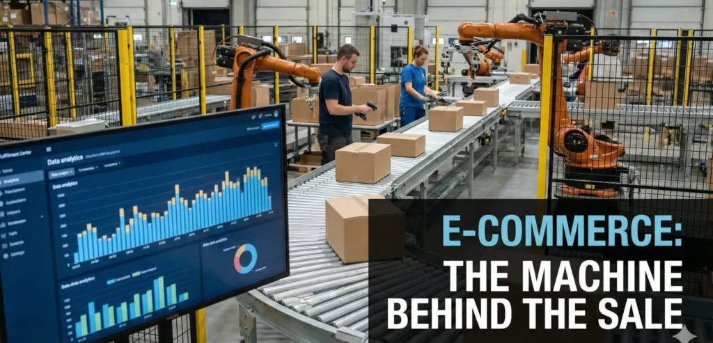 Automated warehouse conveyor system with workers and robots handling e-commerce product packing while data analytics dashboard displays sales and performance charts.