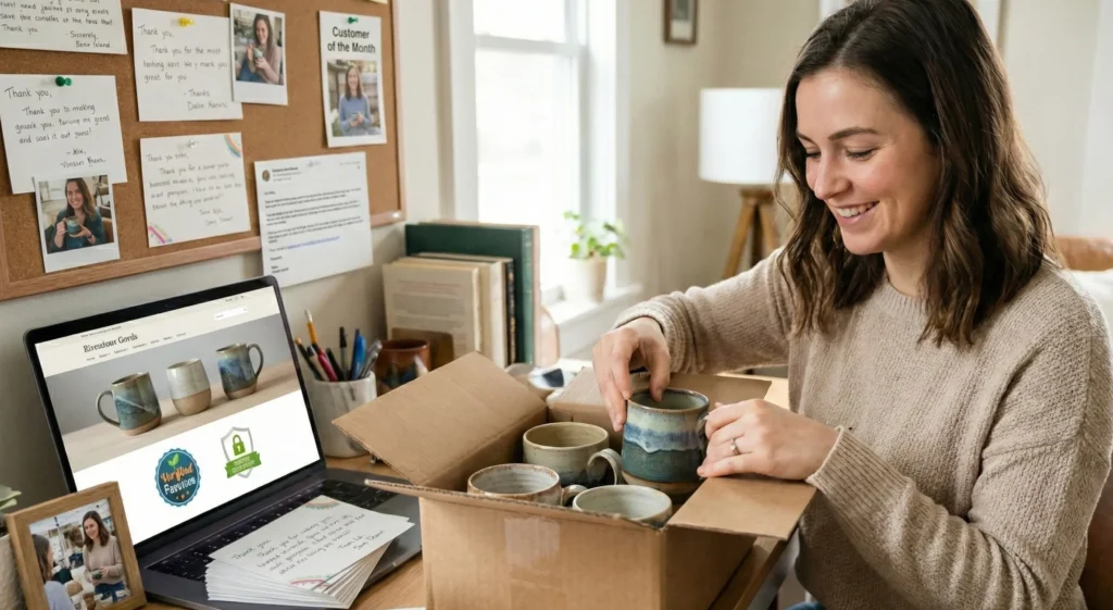 Small business owner packaging handmade ceramic products for online orders, showing how e-commerce and digital marketing support business growth from home.
