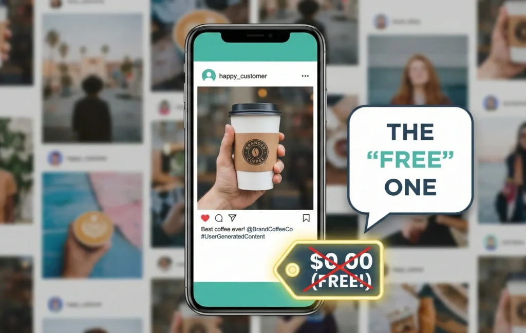 Customer-generated social media post showcasing a branded coffee cup, representing user-generated content marketing that promotes brands for free.