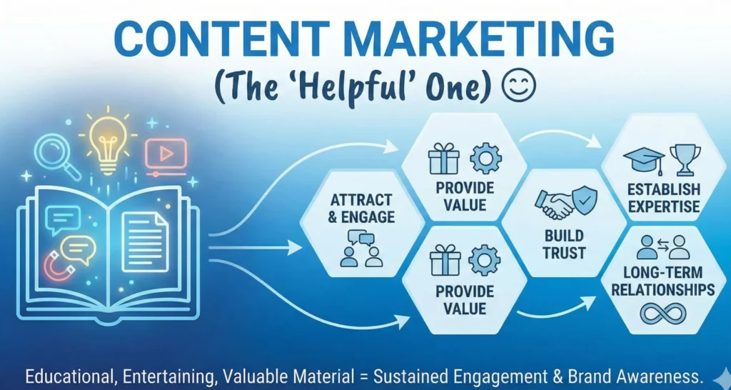Visual representation of content marketing showing how valuable and educational content attracts audiences, builds trust, and creates long-term relationships.