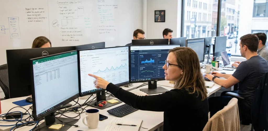 Digital marketing analysts reviewing e-commerce performance graphs and analytics dashboards on multiple computer screens in an office environment.