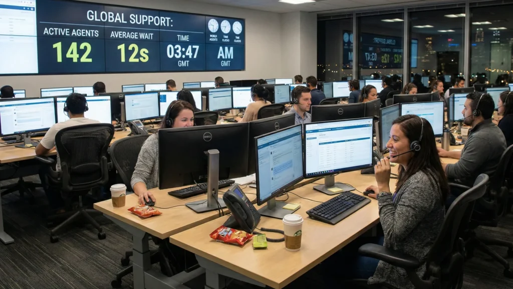 Customer support agents working in a large digital support center, showcasing how online assistance and digital marketing improve e-commerce customer experience.