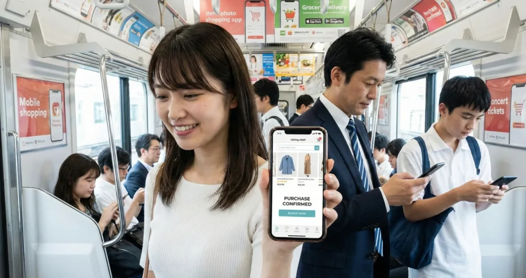 A young woman shopping online on her smartphone inside a subway train, representing the rise of mobile e-commerce and digital marketing in 2025.