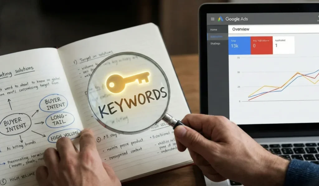Magnifying glass highlighting the word “keywords” on a notebook about buyer intent and long-tail keywords, alongside a Google Ads performance dashboard on a laptop.