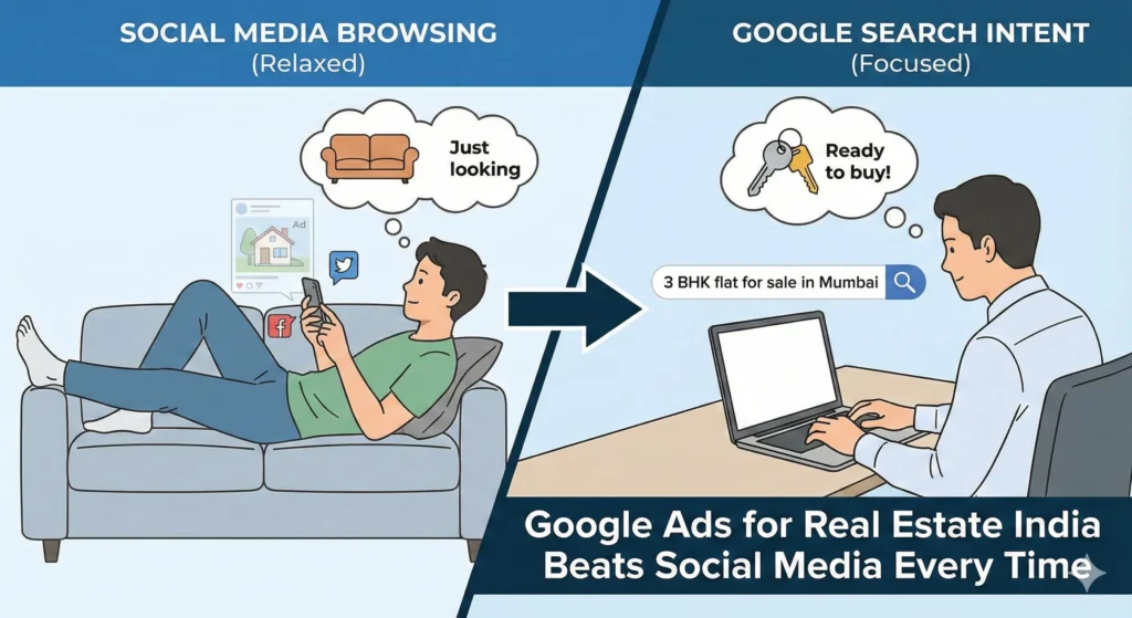 Illustration comparing relaxed social media browsing with focused Google search intent, showing how Google Ads helps real estate buyers actively searching for properties in India.