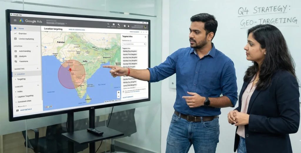 Two professionals discussing Google Ads geo-targeting strategy for real estate in India while pointing at a location targeting map displayed on a large screen.