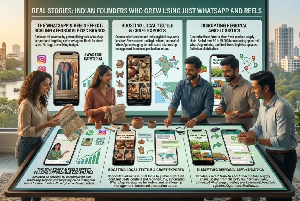 Alt Text: A group of Indian entrepreneurs interacting with a large digital table display that details success stories of scaling businesses (D2C clothing, local crafts, agri-logistics) using WhatsApp and Reels, with a large background screen summarizing the strategies and results.