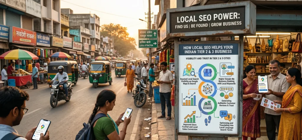 A busy street scene in a Tier 2 or 3 Indian city where pedestrians are actively using their smartphones to access a Google Maps results screen. Large street-level and elevated digital displays highlight the benefits of local SEO for nearby businesses, including increased visibility and foot traffic.